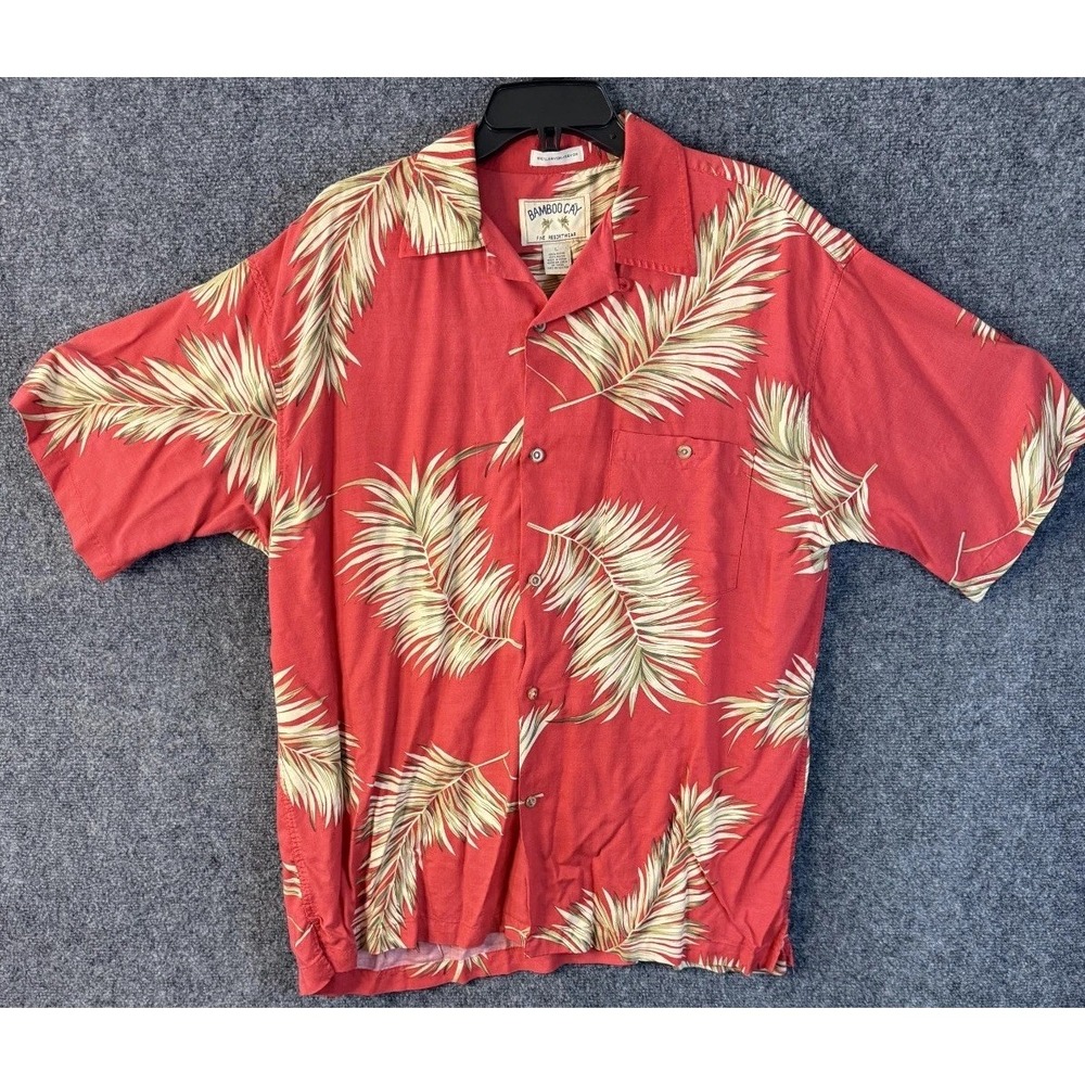 VTG Bamboo Cay Hawaiian Button Up T-Shirt Men's Large Coral Red Palm Printed